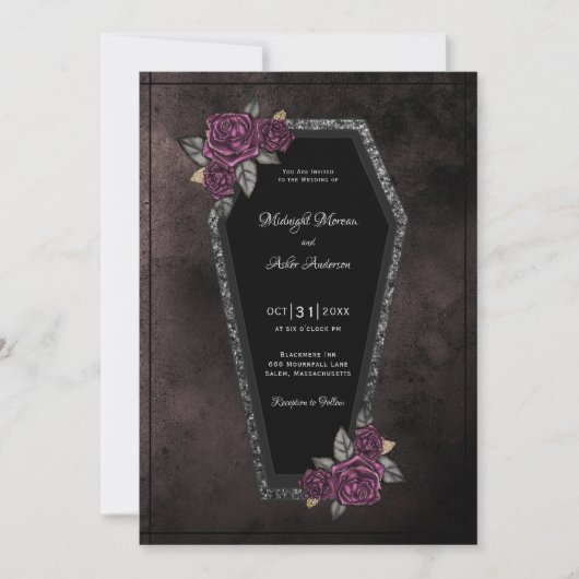 Coffin Black Grey Rozen Sparkle Halloween Wedding Kaart (Voorkant)