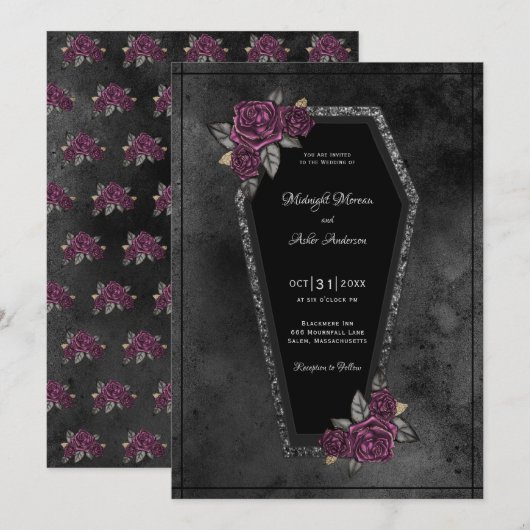 Coffin Black Grey Rozen Sparkle Halloween Wedding Kaart (Voorkant / Achterkant)
