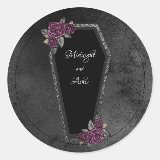 Coffin Black Grey Rozen Sparkle Halloween Wedding Ronde Sticker (Voorkant)