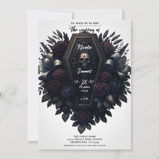 Coffin Bloom Bloemenskelet Wit Gotisch Bruiloft Kaart (Voorkant)