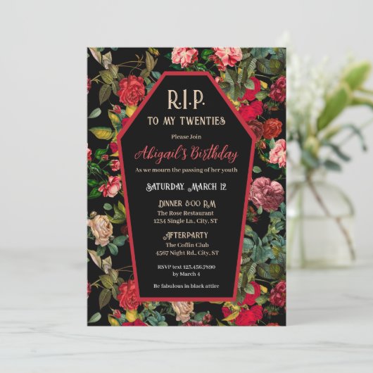 Coffin & Rozen R.I.P Verjaardagsfeestuitnodiging Kaart (Staand voorkant)