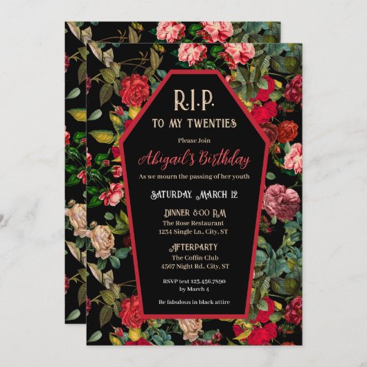 Coffin & Rozen R.I.P Verjaardagsfeestuitnodiging Kaart (Voorkant / Achterkant)