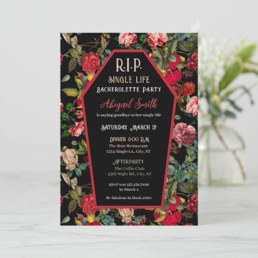 Coffin & Rozen R.I.P Vrijgezellenfeest Uitnodiging (Staand voorkant)