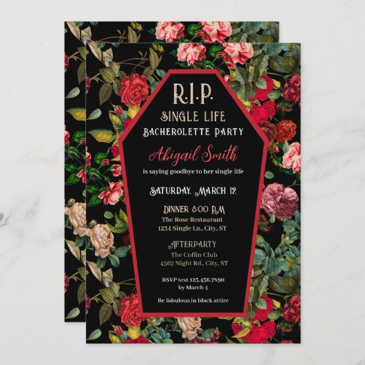 Coffin & Rozen R.I.P Vrijgezellenfeest Uitnodiging (Voorkant / Achterkant)
