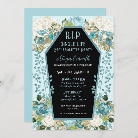 Coffin & Rozen R.I.P Vrijgezellenfeest Uitnodiging (Voorkant / Achterkant)