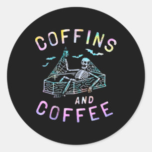 Coffins and Coffee Funny Skeleton Tie Dye Retro Ha Ronde Sticker