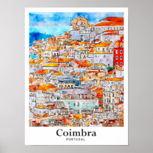 Coimbra Portugal Travel Waterverf Hand getekend Poster