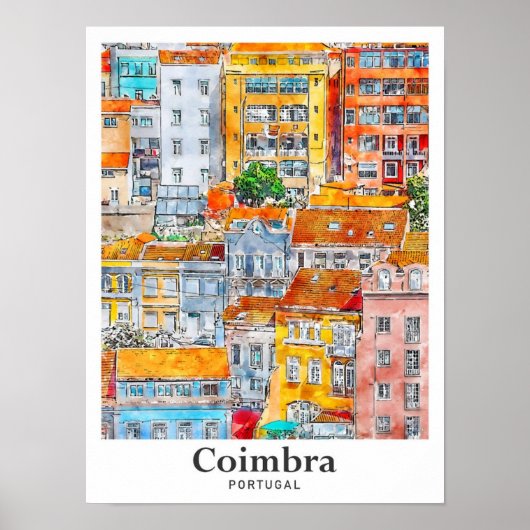 Coimbra Portugal Travel Waterverf Hand getekend Poster (Voorkant)