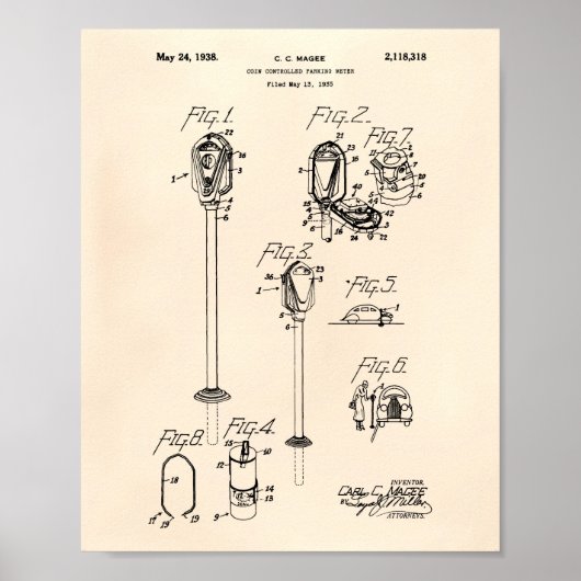 Coin Parking Meter 1938 Patent Art Old Peper Poster (Voorkant)