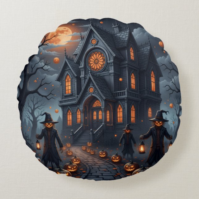 Cojin con diseño de Halloween castillo embrujado Rond Kussen (Voorkant)