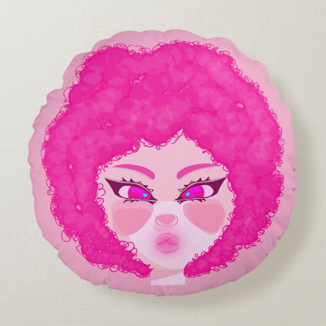 Cojín de chica con cabello crespo rosa rond kussen (Voorkant)