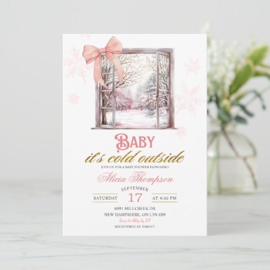 Cold Outside Blush Pink Window Girl Baby Shower Kaart (Staand voorkant)