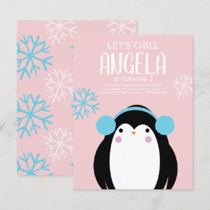 Cold Penguin Snowflakes Winter Birthday Uitnodigin Kaart