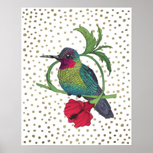 Colibri Bird Illustration Gold Bronze Stip Poster (Voorkant)