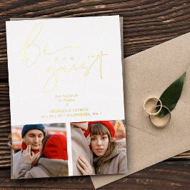 Collage 2 foto's Wees onze gast Romantische Trouwd Folie Uitnodiging