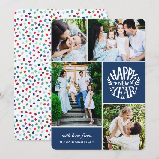 Collage 4 Nieuwjaarsfoto | Blauw Feestdagenkaart (Voorkant / Achterkant)