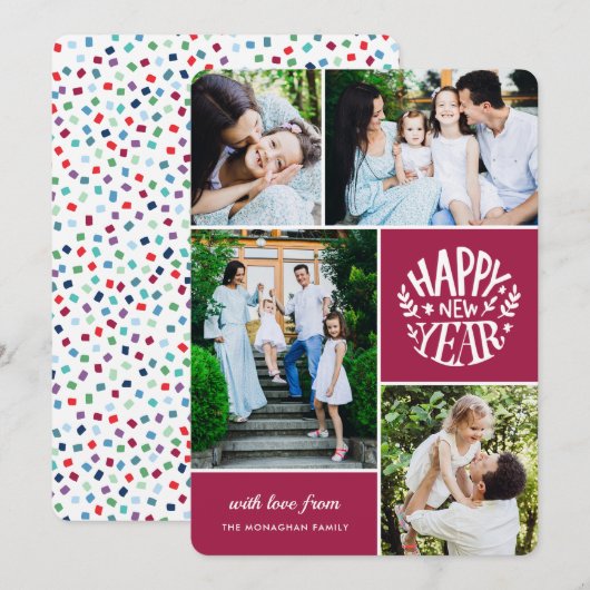 Collage 4 Nieuwjaarsfoto | Magenta Feestdagenkaart (Voorkant / Achterkant)