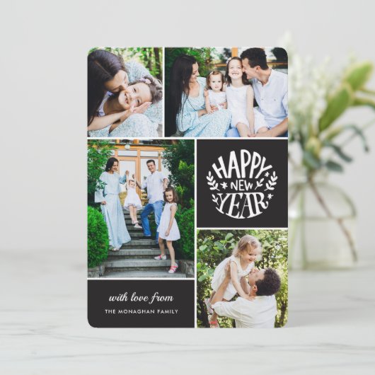 Collage 4 Nieuwjaarsfoto | Zwart Feestdagenkaart (Staand voorkant)