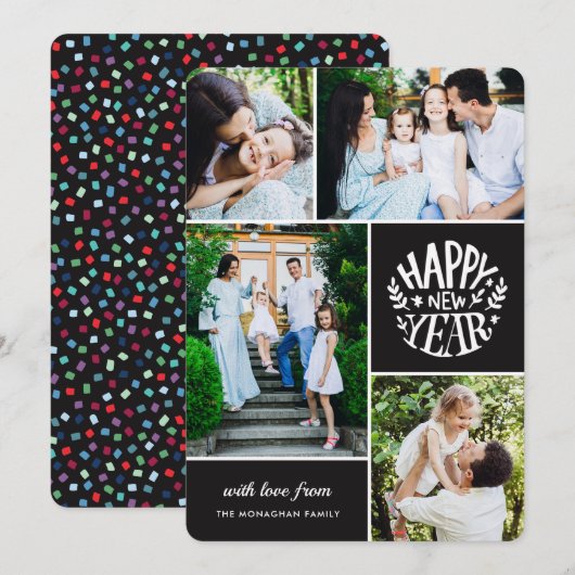 Collage 4 Nieuwjaarsfoto | Zwart Feestdagenkaart (Voorkant / Achterkant)