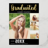 Collage 4 Photos Modern Script Graduation Folie Uitnodiging (Voorkant)