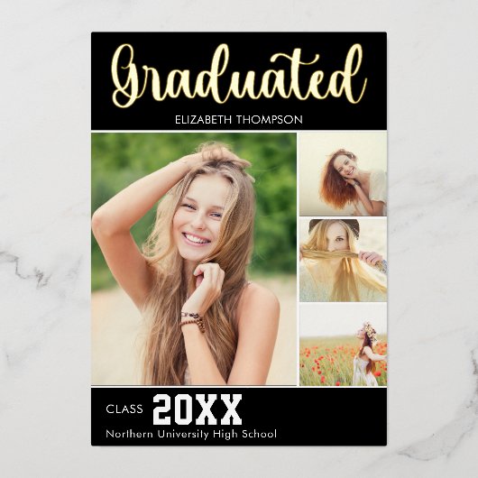 Collage 4 Photos Modern Script Graduation Folie Uitnodiging (Voorkant)