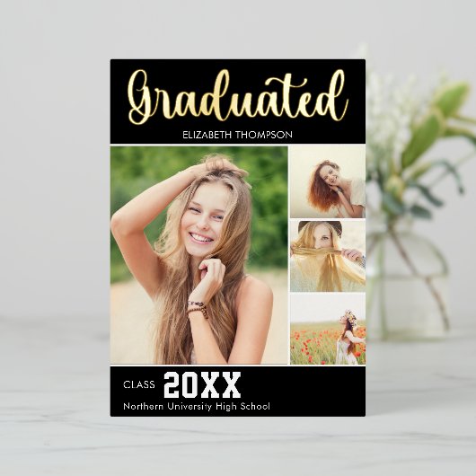 Collage 4 Photos Modern Script Graduation Folie Uitnodiging (Staand Voorkant)
