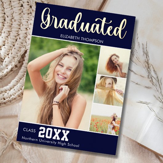 Collage 4 Photos Modern Script Graduation Folie Uitnodiging