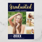 Collage 4 Photos Modern Script Graduation Folie Uitnodiging (Voorkant)