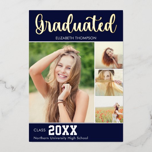 Collage 4 Photos Modern Script Graduation Folie Uitnodiging (Voorkant)