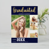 Collage 4 Photos Modern Script Graduation Folie Uitnodiging (Staand Voorkant)