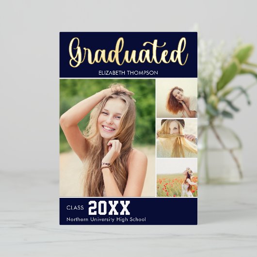 Collage 4 Photos Modern Script Graduation Folie Uitnodiging (Staand Voorkant)