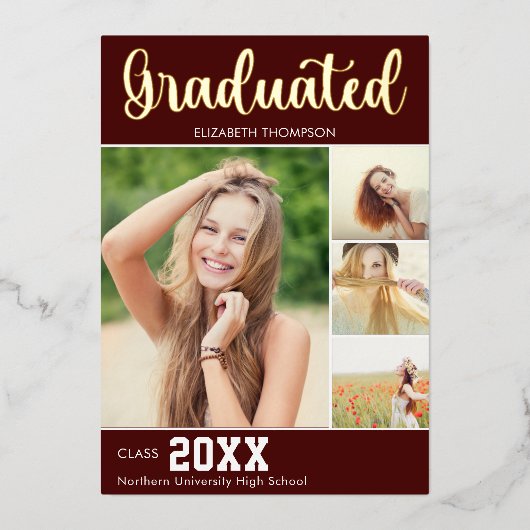Collage 4 Photos Modern Script Graduation Folie Uitnodiging (Voorkant)