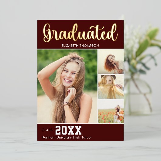 Collage 4 Photos Modern Script Graduation Folie Uitnodiging (Staand Voorkant)