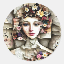 Collage Art |  Meisje gemaakt van Boekpagina's Ronde Sticker