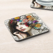 Collage Art |  Meisje met bloemen in haar haar Bier Onderzetter (Linkerzijde)