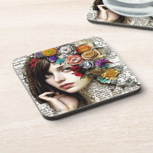 Collage Art |  Meisje met bloemen in haar haar Bier Onderzetter (Linkerzijde)