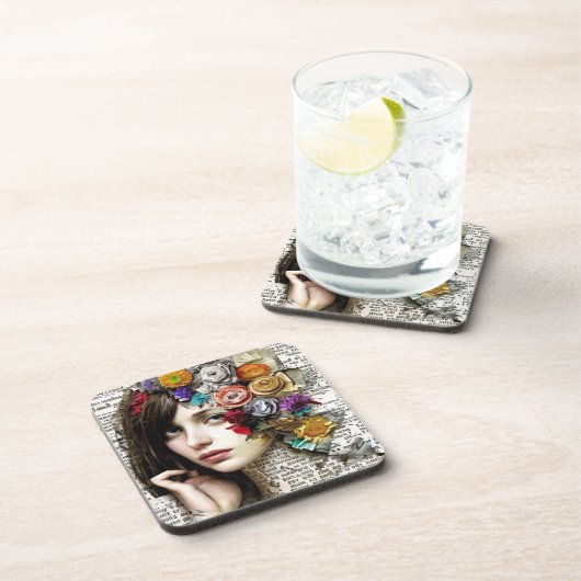 Collage Art | Meisje met bloemen in haar haar Bier Onderzetter (Rechterzijde)