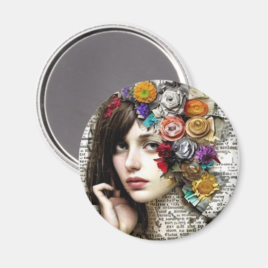 Collage Art |  Meisje met bloemen in haar haar Magneet (Voorkant / Achterkant)