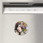 Collage Art |  Meisje met bloemen in haar haar Magneet (Insitu (Vaatwasser))