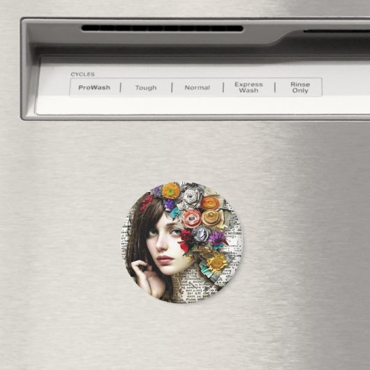 Collage Art |  Meisje met bloemen in haar haar Magneet (Insitu (Vaatwasser))