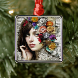 Collage Art |  Meisje met bloemen in haar haar Metalen Ornament