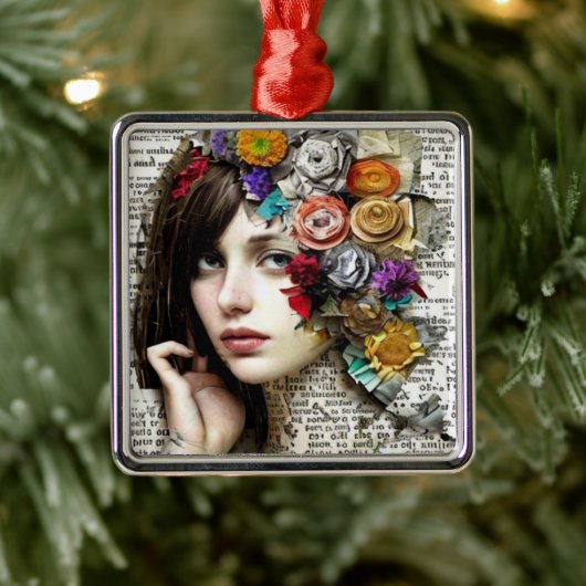 Collage Art |  Meisje met bloemen in haar haar Metalen Ornament (Boom)