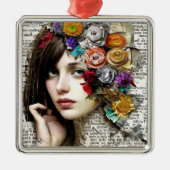Collage Art |  Meisje met bloemen in haar haar Metalen Ornament (Voorkant)