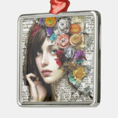 Collage Art |  Meisje met bloemen in haar haar Metalen Ornament (Links)