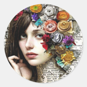 Collage Art    Meisje met bloemen in haar haar Ronde Sticker