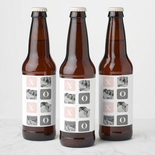 Collage Couple Photo & Pastel Pink & Gray XOXO Bier Etiket (Flessen)