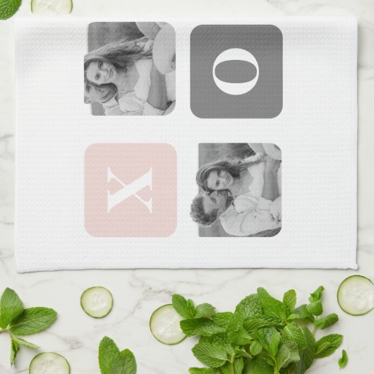 Collage Couple Photo & Pastel Pink & Gray XOXO Theedoek (Gevouwen)