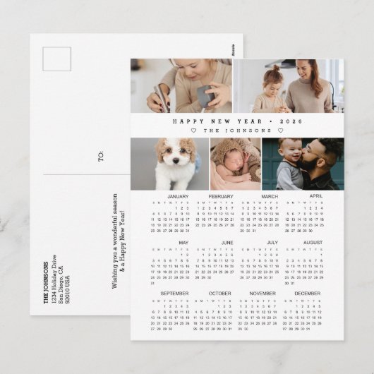 Collage Familie Foto's Gelukkig Nieuwjaar 2026 Kal Feestdagenkaart (Voorkant / Achterkant)