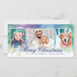 Collage familie met prettige kerstWaterverf Foto Feestdagenkaart<br><div class="desc">Pas deze Merry-kerstfotokaarten aan die zijn ontworpen met waterverf-pastelkleuren met juwelen en met groene, paarse en blauwe munt... Dit unieke vakantiekaartontwerp heeft de warme wensen groet "Kerst van de Ver"in een elegante manuscriptdoopvont van diep paars, en 3 afbeeldingen u voor een unieke kaart van de vakantiekamer van de familiefoto kunt...</div>