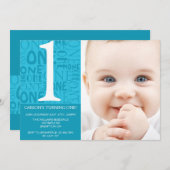 Collage First Birthday Invitation - Blue Kaart (Voorkant / Achterkant)